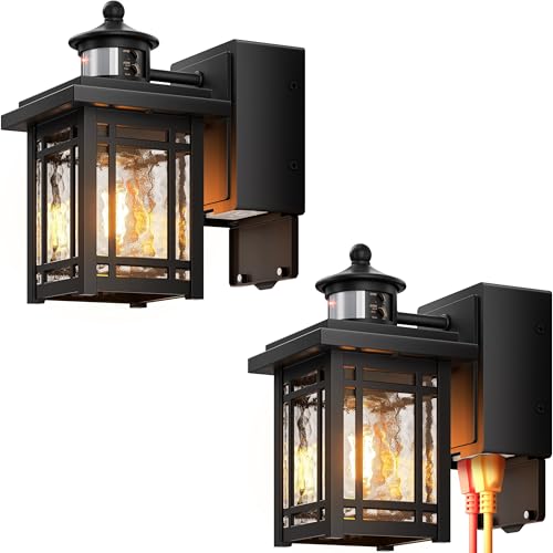 Image of Gleamz 2-Pack Porch Light with Outlet, Anti-rust Front Door Light, Black Dusk to Dawn Motion Sensor Outdoor Porch Lights, 5 Modes Adjustable Brightness Waterproof Outside Garage Lights for House Patio