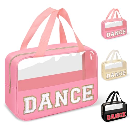 izuzta Chenille Letter Clear Makeup Bags Tote, Preppy Makeup Bag with Handle, DANCE-Pink