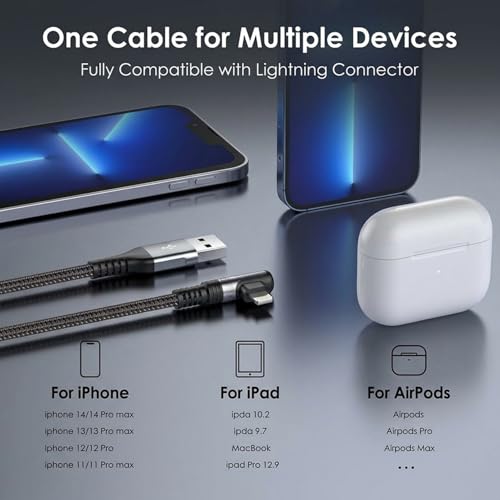Image of Verilux 6.6FT Right Angle Lighting Cable, 12W USB A to Lighting Cable with 480Mbps Data Synch, Aluminum Alloy Housing & Nylon Braided for iPhone 14 /13 /12, iPad, AirPods