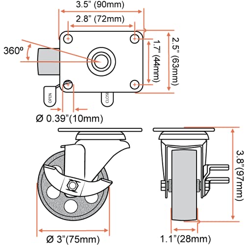 4 PCS 102 mm up to 720 KG All Steel Black Heavy Duty Metal Castor Wheels - Image 2