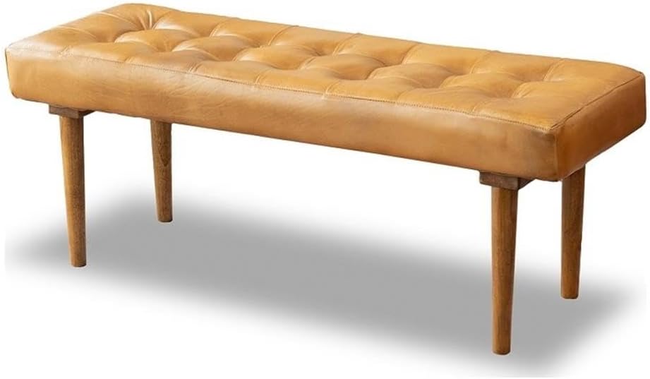 Pemberly Row Mid-Century Modern Bench, 47 in Wide, Genuine Leather Upholstery, Cognac Tan Finish, Solid Teak Frame, Button Tufted, Foam Cushion, Rectangular Design for Living Room or Bedroom