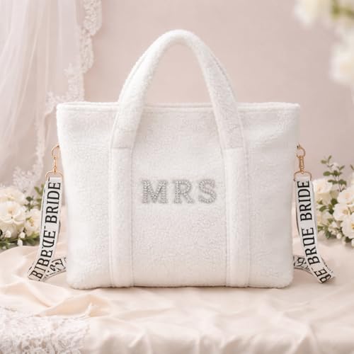 Sunnymove Bride Travel Bag Sherpa Bride Tote Bag Large Bridal Shower Gifts Pearl Rhinestone Patch Makeup Gifts for Wedding Engagement Honeymoon
