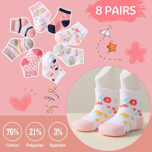 Meeshine 8 Pack Newborn Baby Girls Ankle Socks Preemie Cute Cartoon Crew Cotton Low Cut Socks for 0-2T Boys Kids4