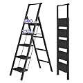 JOISCOPE 5 Step Ladder, Foldable Step Stools for Adults with Wide Anti-Slip Pedal, 600lbs Lightweight Sturdy Steel Ladder,Convenient Handgrip,Portable Folding Ladder for Home Kitchen Office,Black