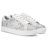 PARTY Women's Glitter Fashion Star Sneakers Low Top Platform Lace Up Comfortable Wedding Walking Shoes,Silver Glitter,8