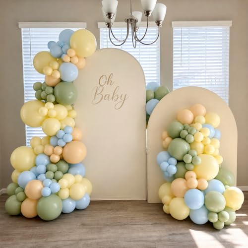 Image of Blue Green Yellow Balloons, 12 Inch Olive Green Light Blue Pastel Macaron Yellow and Nude Apricot Latex Balloons for Baby Shower Kids Birthday Wild One Wedding Bear Theme Party Decorations