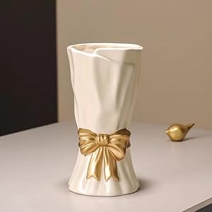 Bow Vase, White Flower Vase for Home Decor, White Ceramic Vases for Boho Style, 9.3 Inch Large Vases for Ideal Shelf Decor/Table/Living Room. (Glazed Exterior and Interior)