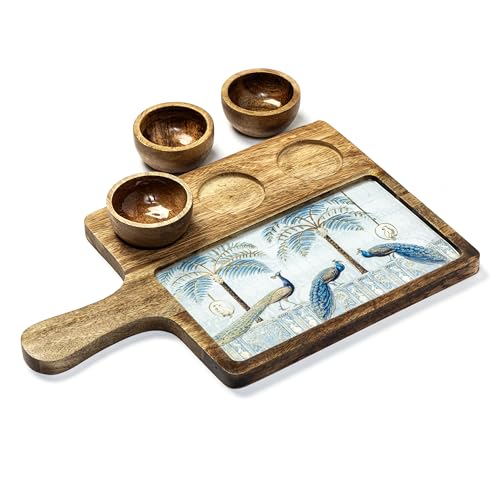 Image of Handcrafted Mango Wood Serving Platter with 3 Dip Bowls | Traditional Print | Waterproof, Heat-Resistant, Food-Safe Lacquer Finish | 15.5 x 10 Inch | Made in India (MgPlwith3Bowl-BlueGoldPeacock)