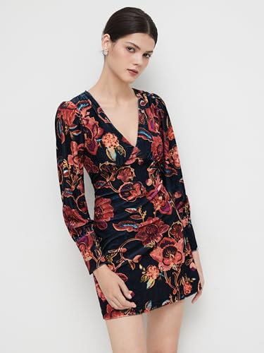 CIDER Velvet Mini Dress Floral Print Long Sleeve V Neck Middle Waist Party Cocktail Elegant Dress2