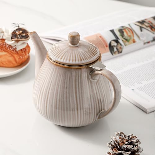 Image of HVH 40 oz Porcelain Teapot with Stainless Steel Infuser, Ceramic Tea pot with Infuser for Loose Tea, Enough For 6 Cups, Striped Series (Sand Color)
