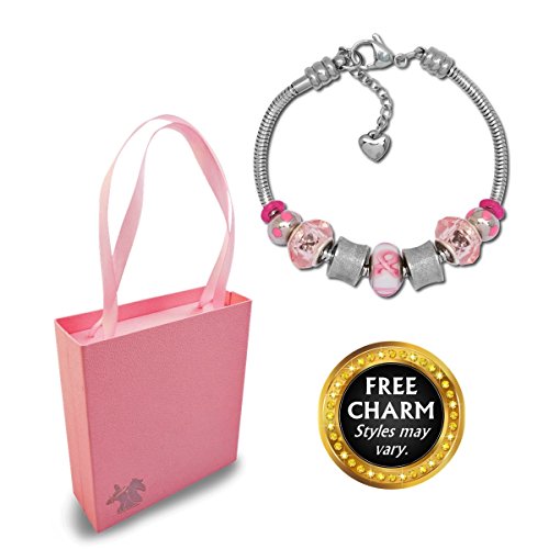 European Charm Bracelet With Bead Charms For Women, Stainless Steel Snake Chain, Pink Awareness Ribbon Charm #TOP1