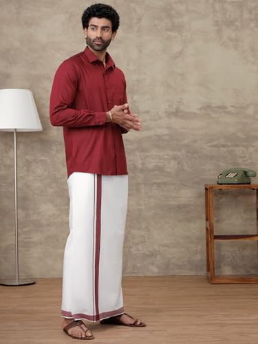 Image of RAMRAJ COTTON Men Full Sleeve Solid Shirt With Matching Border Dhoti|Ideal For Weddings And Occasion