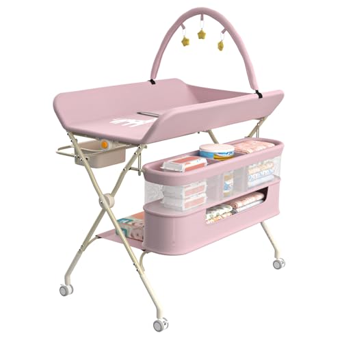 Supfine Table à Langer Pliable, Plan à Langer avec Panier Latéral et Tringle de Suspension, Réglable en Hauteur, avec roulettes Verrouillables et 3 Jouets Étoiles (Rose, 5 en 1)