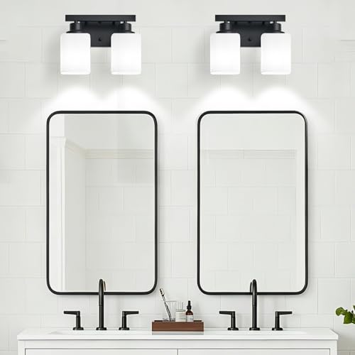 Image of 2 Light Bathroom Vanity Light,Matte Black Vanity Lights with Clear Glass,Bathroom Lighting Fixtures Over Mirror,Wall Light Fixtures for Living Room,Bedroom,Hallway(E26 Base)