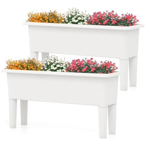 COSTWAY Fioriera in Plastica da Esterno, 2 Vasi da Giardino Rialzati con Gambe Rimovibili & Foro di Drenaggio, Letto da Giardino Rialzato per Verdure, Frutta & Erbe (Bianco)