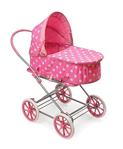 Badger Basket English Style Doll Stroller - Adjustable Canopy Classic Doll Pram - Fits 18 to 22-Inch Dolls - Durable Pretend Play Toy with Smooth Wheels for Kids - Pink Dots