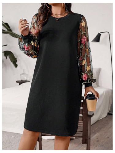 SOLY HUX Women's Plus Size Floral Mesh Long Sleeve Dress Crewneck Elegant Office Tee Shirt Dresses4