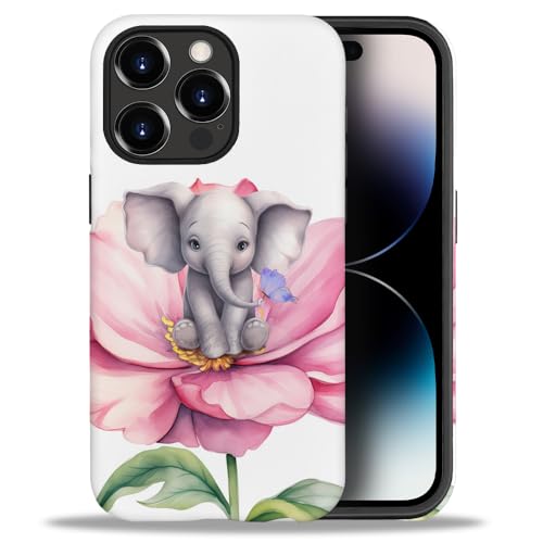 yicomon Compatible with iPhone 14 Pro Case，Elephant On Pink Flowers Pattern Print Phone Case Durable Fashion Funny Liquid Silicone Case Soft Anti-Scratch Shockproof Protective Cover