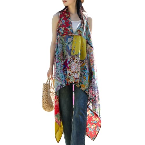 Summer Floral Patchwork Sleeveless Vest Boho Asymmetrical Hem Lightweight Long Cardigan4