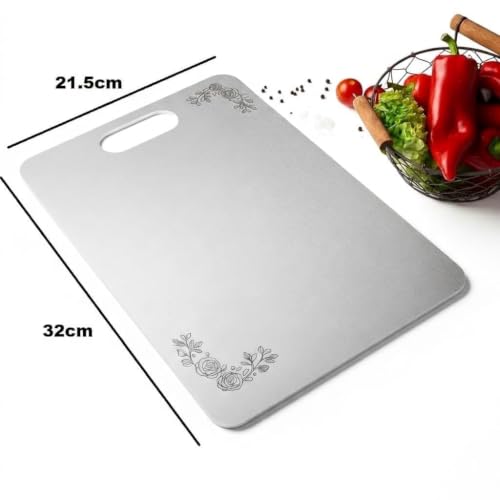Image of GharNestStainless Steel Cutting Board with Handle, 32 x 21.5 cm, Scratch Resistant, Anti-Slip, Hygienic for Vegetables, Fruits & Meat