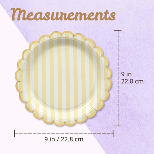 Image of Party Paper Plates, 50-Pack 9-Inch Bulk Disposable Decorative Paper Plates with Gold Scalloped Trim, 6 Colors for Tea Party, Easter, Garden Party, and Bridal Showers, Gilded Pastel Stripeworks