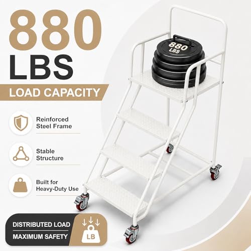 Image of 4 Step Rolling Ladder with Handrails, 880 lbs Capacity Heavy Duty Steel Mobile Warehouse Ladder with Locking Wheels, Non-Slip Rolling Stairs with Large Platform for Garage, Stockroom, Library