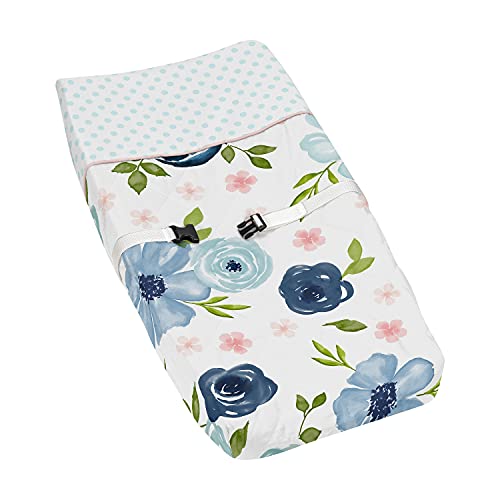 Image of Sweet Jojo Designs Navy Blue and Pink Watercolor Floral Girl Baby Nursery Changing Pad Cover - Blush, Green and White Shabby Chic Rose Flower Polka Dot
