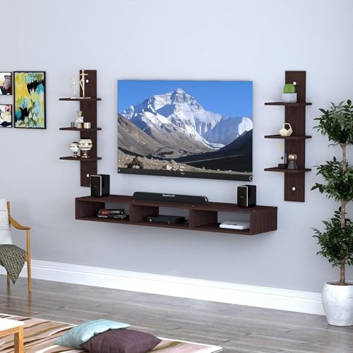 Image of Furniture Cafe Wall Mounted Floating TV Unit with Side Wall Shelves - Modern Wooden Entertainment Center for Set-Top Box, Router, Speakers & Decor (Brown)