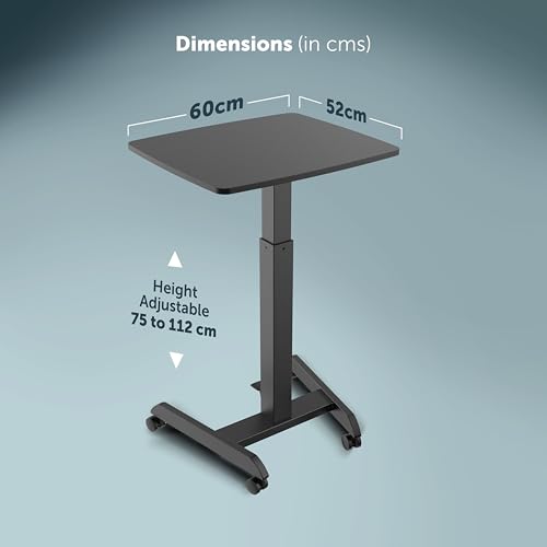 Image of JIN OFFICE Ergonomic Height Adjustable Laptop Desk| 1 Year Warranty| Sit Stand Table with Lockable Wheels| Standing Desk for Home Office| Thick Column and Wide Steel Base| Spacious MDF top| Black