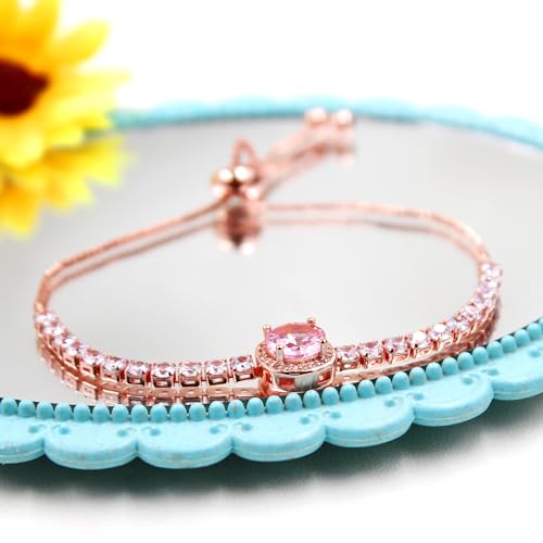 Image of Rose Plated Gold Brass Box Chain Cubic Zirconia Classic Tennis Slider Adjustable Bracelet, Round Big Zircon Charm Give Woman Mom Mother's Day Fashion Crystal Gift