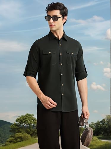 Image of Thomas Scott Men's Slim Fit Cotton Twill Casual Shirt | Long Sleeve | Spread Collar | 2 Flap Pockets | Solid Design