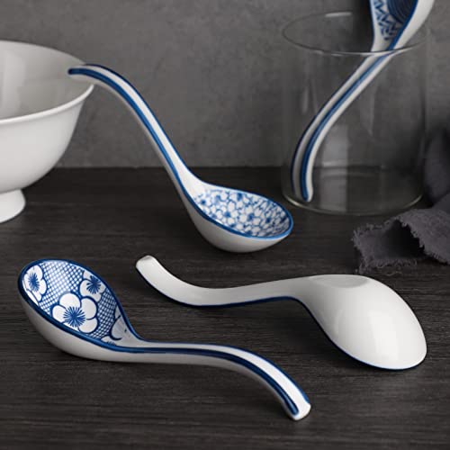 Asian Soup Spoon Set Of 4, Ceramic Chinese Soup Spoons Long Handle Ramen Spoons Soup Spoons For Ramen Pho Dumpling Wonton Noodles (4 Pattern - Blue Side) #TOP6