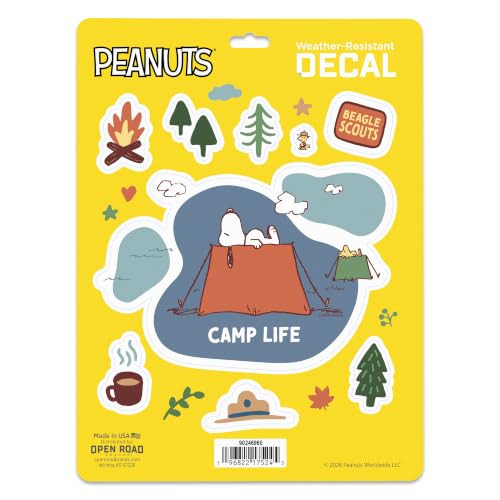 Image of Peanuts Snoopy Camp Life Adhesive Vinyl Decal Pack | Camping Stickers for Laptop or Water Bottle, 1 pack (9 count)