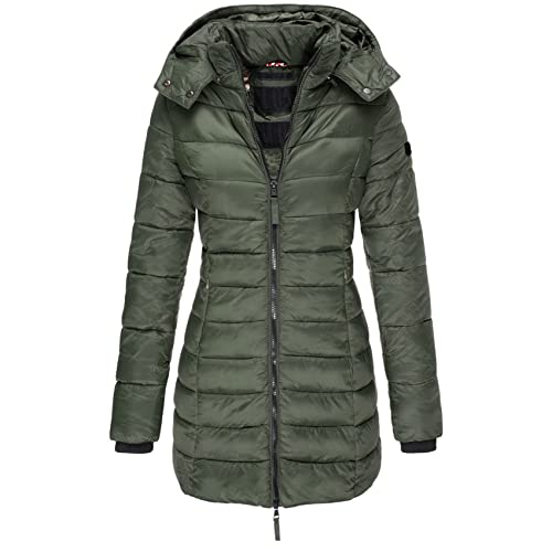 Earnmore Casaco acolchoado de algodão para mulher novo de inverno, casaco acolchoado e ajustado de comprimento médio para mulher, casaco acolchoado quente, Verde, M