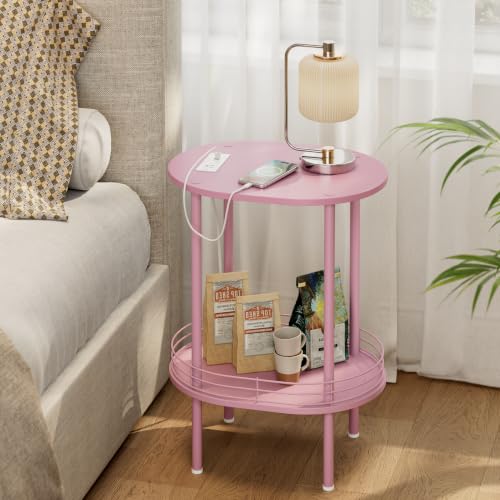 Image of Small Oval Side Table with Charging Station, 2-Tier Pink Round End Table | Narrow Nightstand with USB Ports and Outlets, Bedside Table for Small Space - Living Room, Bedroom, Nursery,(1PC,Pink)