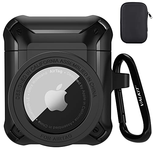 Valkit Compatible Airpods Case and AirTags Case Cover, 2 in 1 Rugged Protective Case Shockproof Air Pod 2 Case for Men Women with Keychain iPod Skin for Airpods 1/2 Gen and Airtag 2021, Black