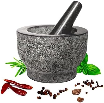 Mortar and Pestle Set - 6 Inch Granite, Large Molcajete Bowl with Stone Grinder - Spice, Herb and Avocado Masher for Guacamole, Salsa and Pesto - Holds 2 Cups﻿