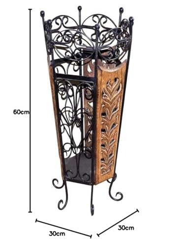 Image of Decorative Wooden & Iron Umbrella Stand for Home Decor | Handcrafted Wood & Wrought Iron Umbrella Holder | Pre-Assembled Floor Stand for Entryway, Office, Shop & Guest House | Brown & Black
