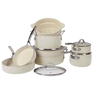 Oprah’s Favorite Things – 12 Piece Aluminum Pots and Pans Cookware Set w/Non-toxic Ceramic Non-stick, Ceramic Steamer Insert, & 12 Protective Care Bags – Oat White