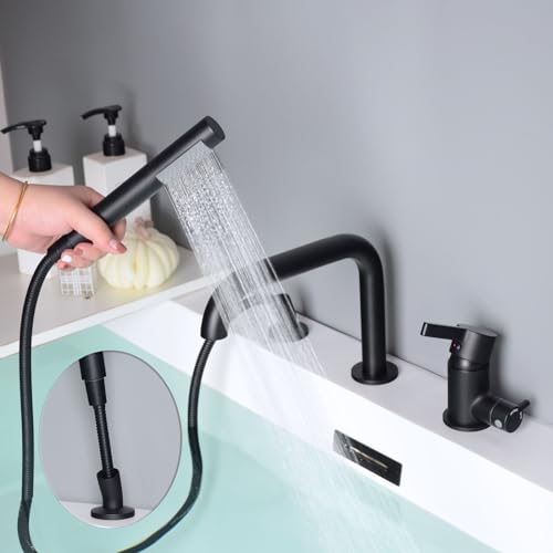 Grifo para bañera romano con rociador, montaje en cubierta, caño rotativo de latón de alta capacidad, acabado negro mate, modelo 5YMK miniatura 5