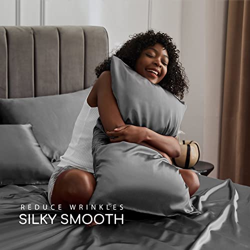 Image of MR&HM Satin Bed Sheets, Queen Size Sheets Set, 4 Pcs Silky Bedding Set with 15 Inches Deep Pocket for Mattress (Queen, Dark Grey)