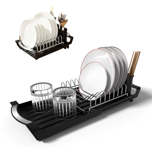 UQMIQURA Escurreplatos de cocina, escurreplatos compacto extensible con escurridor de cubiertos de acero inoxidable, soporte para cubiertos, escurridor de platos de cocina, 29-49 cm, color negro