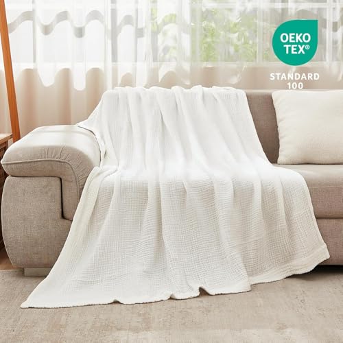 Image of EMME Muslin Cotton Blanket Adults Heather White Twin XL 66 inchx90 inch