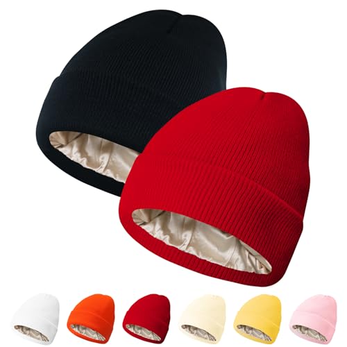 Image of PFFY Womens Satin Lined Beanie Silk Lining Winter Hats Beanies for Women | Silk Feeling Lining, Soft Slouchy Beanie Hat, Protect Hair Reduce Frizz, Winter Hat for Cold Weather, Essential for Outdoor