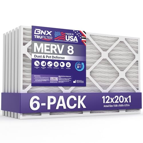BNX TruFilter 12x20x1 Air Filter MERV 8 (6-Pack) - MADE IN USA – Dust & Pet Defense Pleated Air Conditioner HVAC AC Furnace Filters for Dust, Pet, Mold, Pollen MPR 600 – 700 & FPR 5