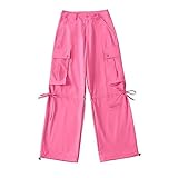Women's Elastic High Waisted Baggy Jogger Workout Pants Wide Leg Straight Cargo Pants Loose Temperament Commuter Trousers Pockets Outfits Fashion Workout Plain Fit Gothic Bell lace F18-Hot Pink