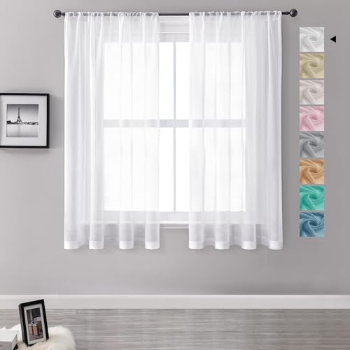 MRTREES White Voile Curtains 54 Drop, Short Window Net Curtains for Bedroom and Kitchen with Rod Pocket, 2 Panels 132x137 CM 52x54 Inch White