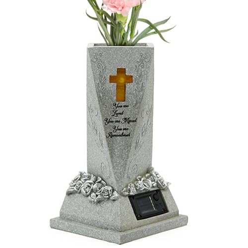 Jarrones de cementerio para tumba, decoración de resina impermeable con luz LED cruzada, soporte para flores de cementerio, para y familiares, jardín al aire libre, patio, césped, cementerio