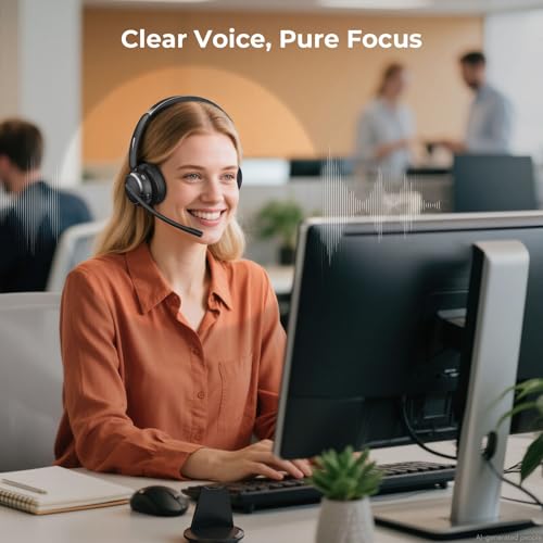 Image of Wireless Headset with Mic for Work, Bluetooth 6.0 Headset with Microphone for PC, 65H AI Noise Cancelling Mic, 60ft Range, USB Dongle & Charging Base, On-Ear Headphones for Teams Zoom Call Center