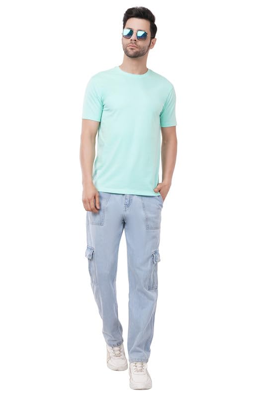 Image of tinies Cotton Tshirt Crew Neck Mens Plain Solid Regular Fit Half Sleeve Mens T-Shirt (Combo Set of 3) Honey Army Green Cyan Size S